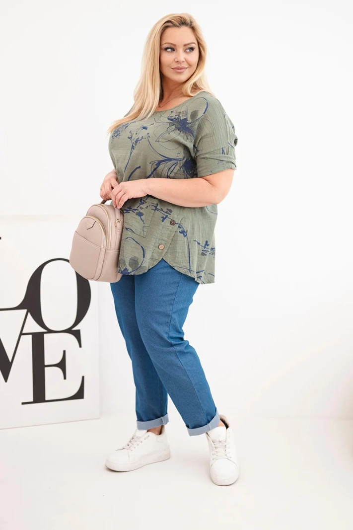Damen-Baumwollbluse Plus-Size mit kurzen Ärmeln und Tasche khaki