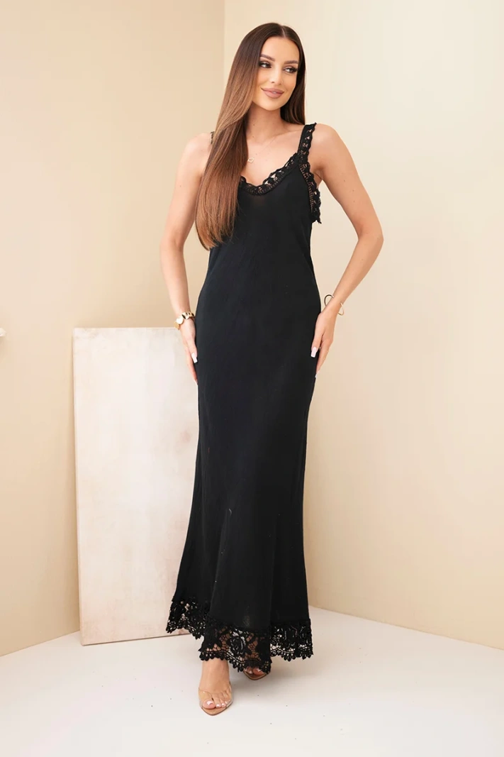Damen Maxikleid aus Baumwolle mit Spitze schwarz