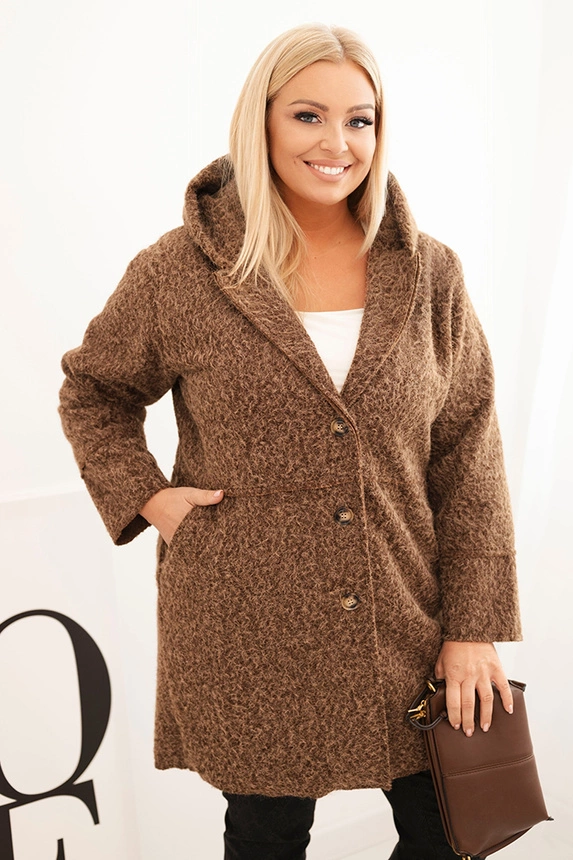 Dámský plášť Plus Size s kapucí a kapsami hnědý