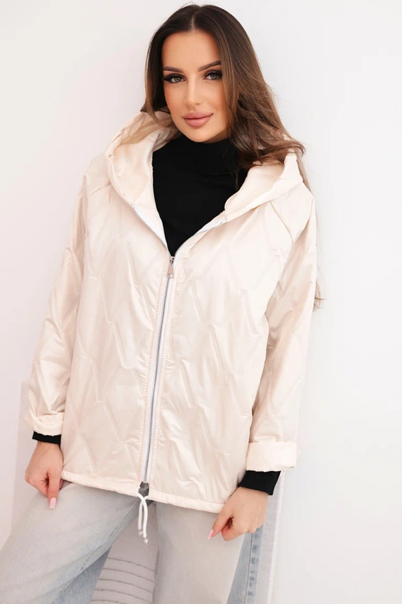 Women's spring quilted jacket with a hood and zipper beige