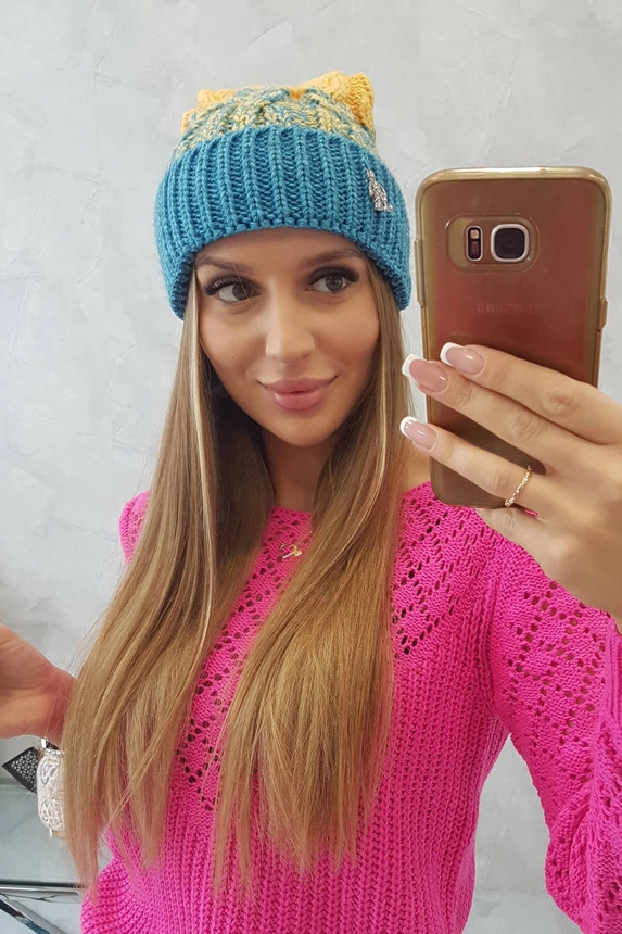 Cap with a pompom Abigail K326 turquoise+yellow