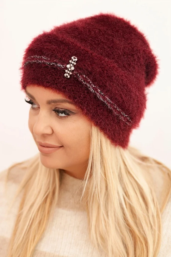 Women's winter fluffy hat with pearls and decorative weave burgundy