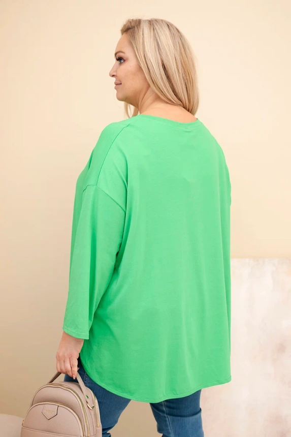 Bluzka damska Plus Size z bawełną z kieszenią i rękawem podwijanym jasno zielona