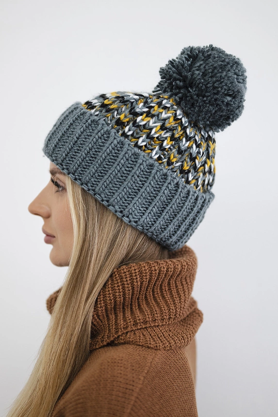 Cap with a pompom Ellen K325 dark grey+yellow