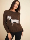 Women's sweater with a dachshund motif and a round neckline brown