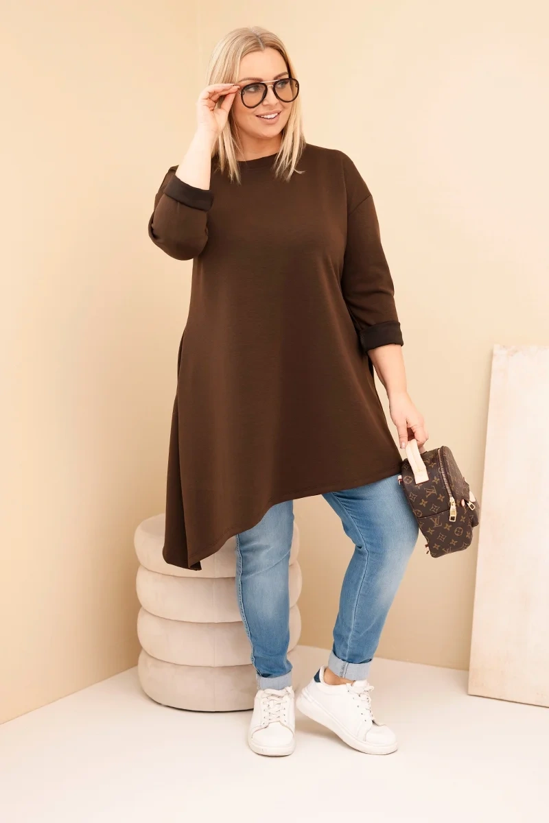 Sukienka damska Plus Size z wiskozy z luźnym fasonem i długim rękawem brązowa