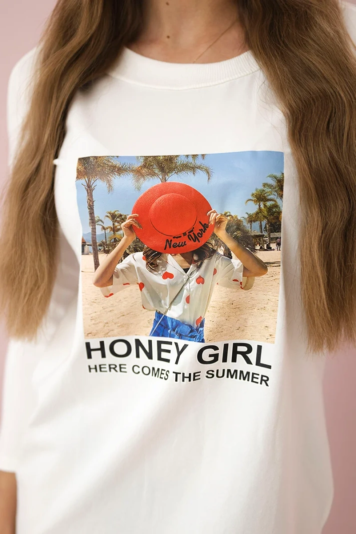 Dress with print Honey girl ecru