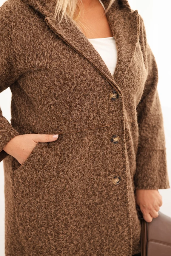 Dámský plášť Plus Size s kapucí a kapsami hnědý