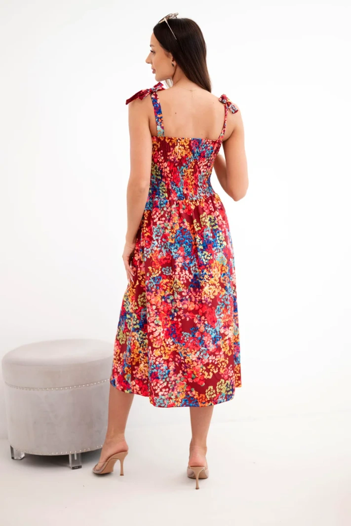 Women's midi floral dress with tie straps burgundy