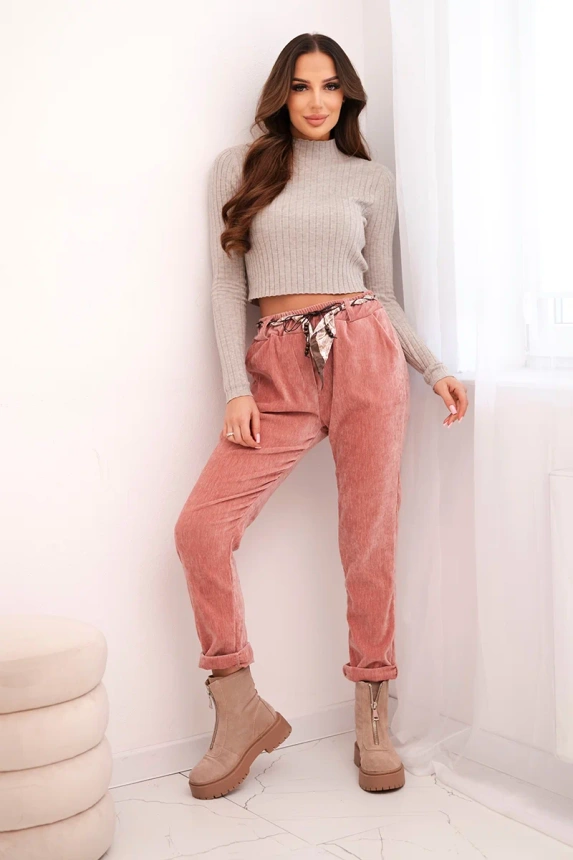 Women's viscose pants with a scarf belt dark pink