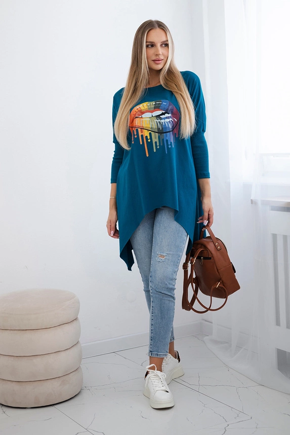 Oversize-Bluse mit Regenbogen-Lippen-Print marine