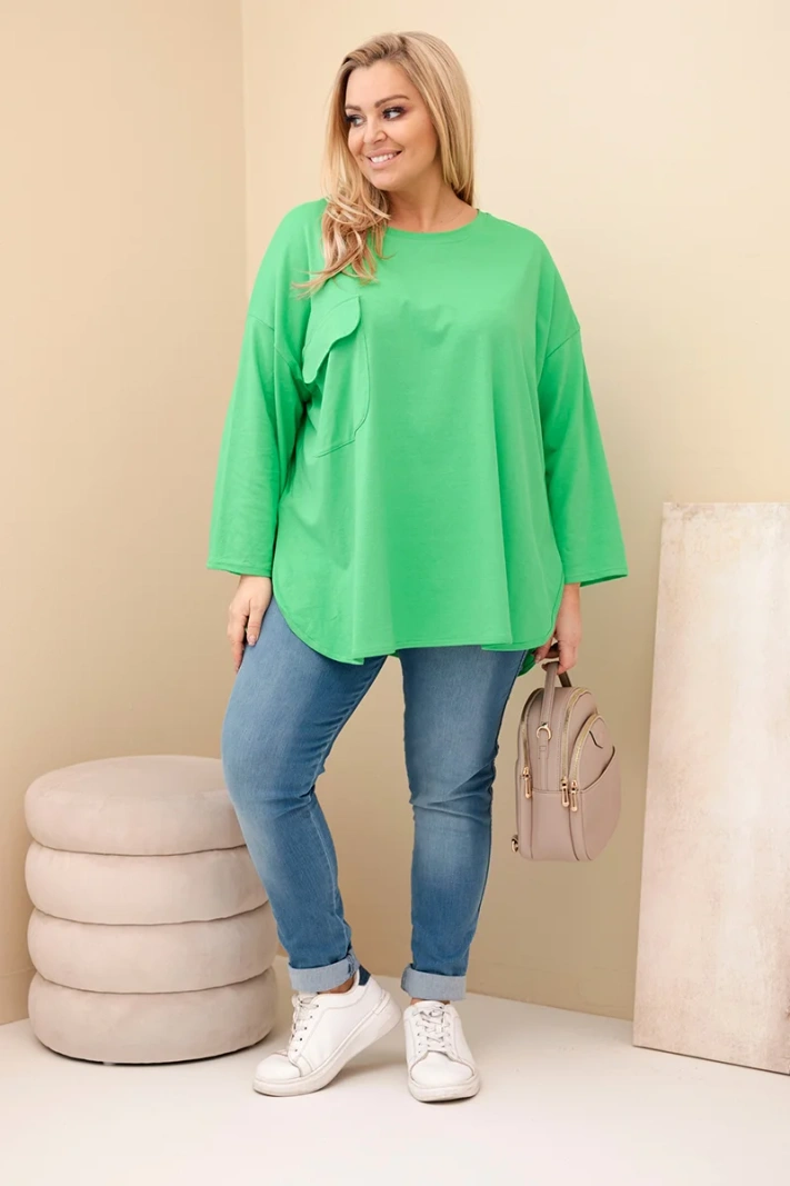 Bluzka damska Plus Size z bawełną z kieszenią i rękawem podwijanym jasno zielona