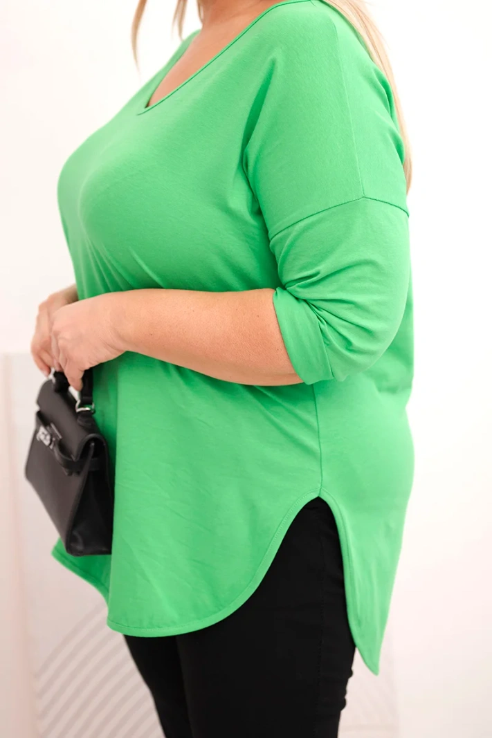 Women's cotton Plus Size blouse with a V-neck and rolled-up sleeves light green