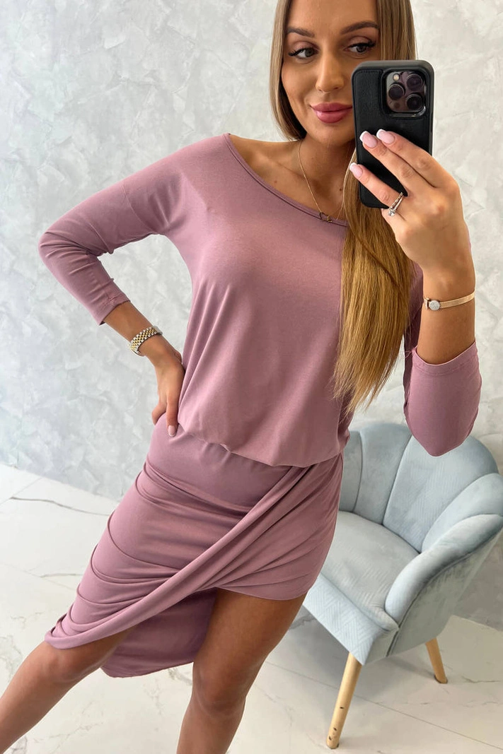 Asymetrické šaty s 3/4 rukávy, tmavě růžové