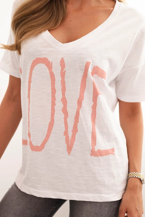 Women's cotton blouse with a V-neck and LOVE print white