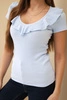 Ladies' ribbed blouse with a frill at the neckline blue