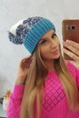 Dámska čiapka s pomponom Abigail K326 tyrkysová+námornícka modrá+biela