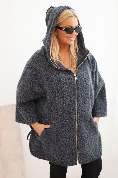 Moteriškas paltas Plus Size su kapišonu ir užtrauktuku grafito spalvos