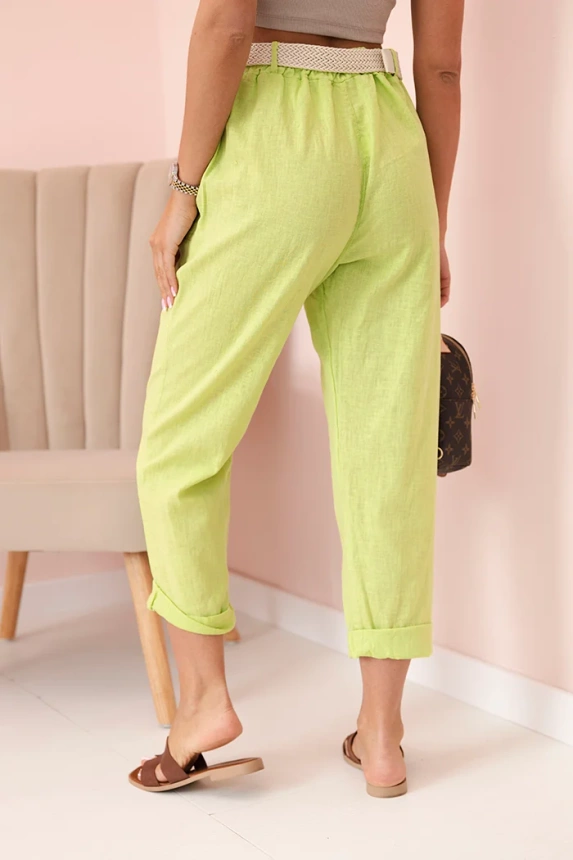 Women's linen cotton pants with a belt bright green