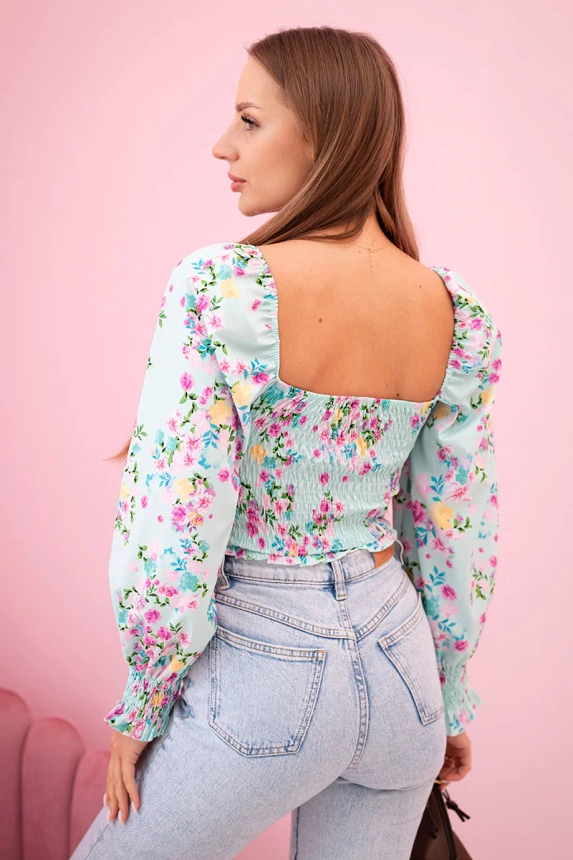 Women's floral Spanish blouse, long sleeve mint