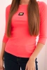 Women's ribbed blouse with 3/4 sleeves and decorative patch neon pink