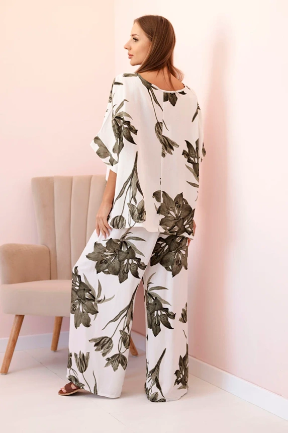 Oversize dámský komplet z viskózy s květinovým vzorem khaki