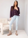 Women's cotton oversized button-up sweater with V-neck plum