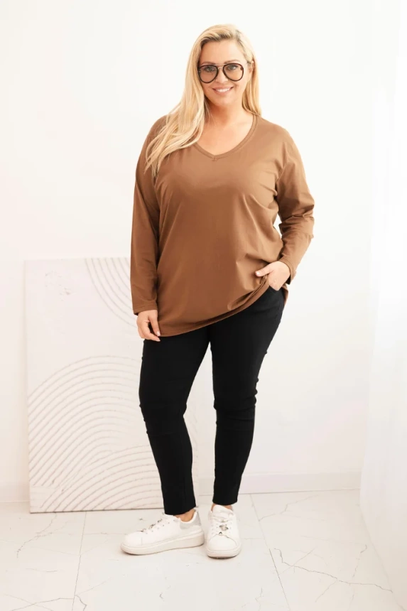 Moteriška bluzonė Plus Size su V formos iškirpte ir ilgomis rankovėmis ruda