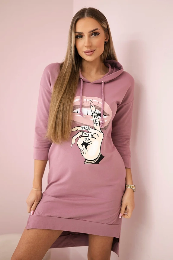 Dress with longer back and colorful print dark pink