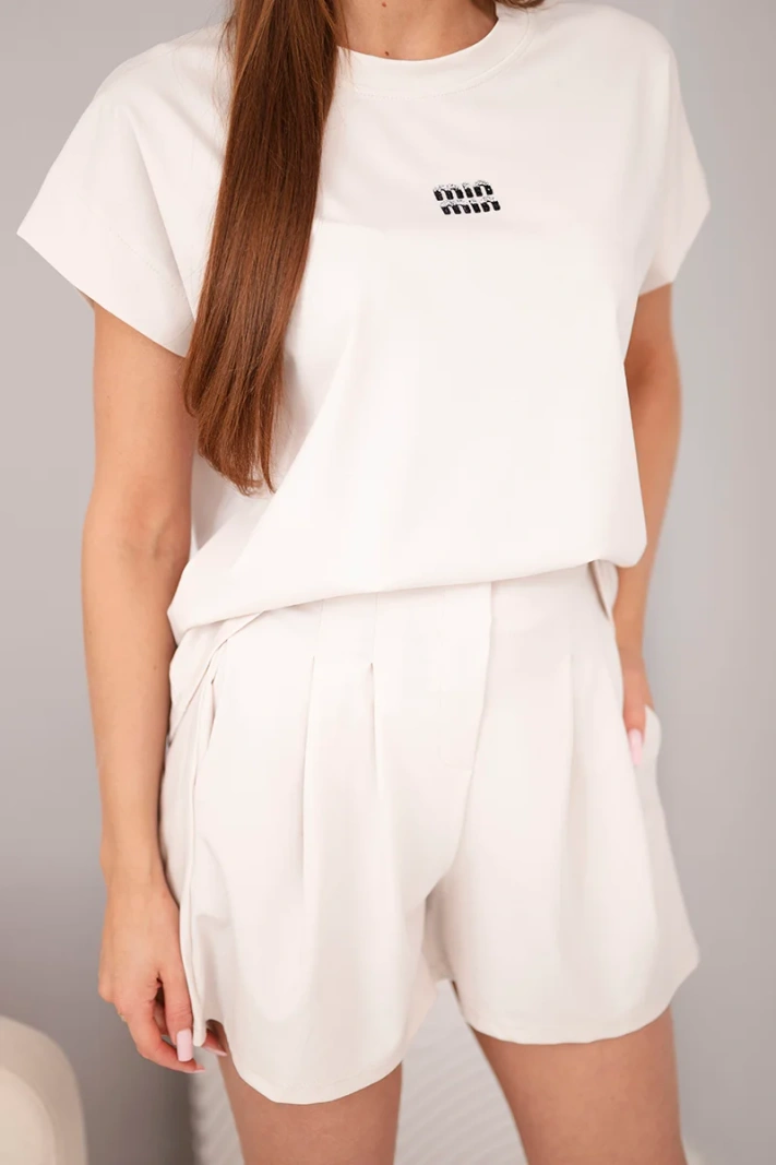 Damen-Set aus Lyocell mit Bluse und Shorts mit Falten beige