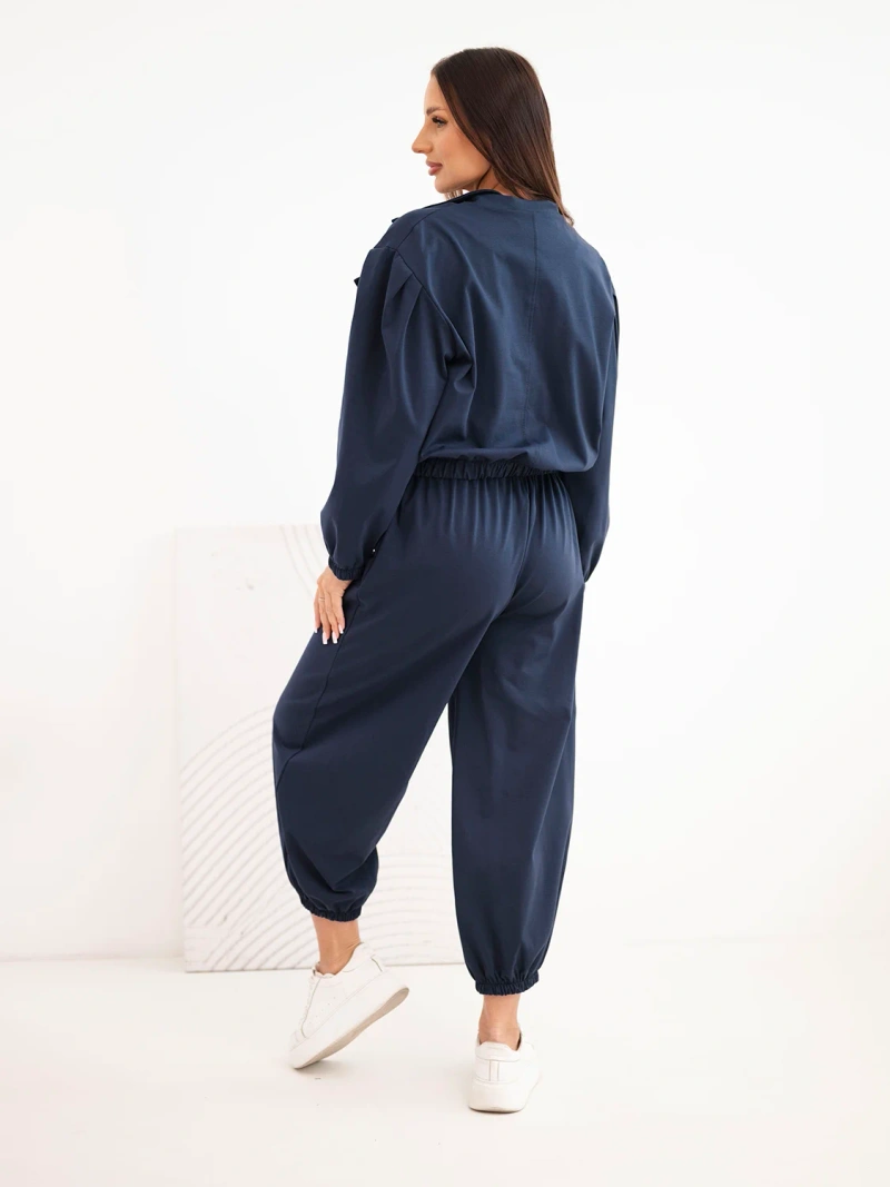 Women's cotton set with collar and jogger pants navy blue