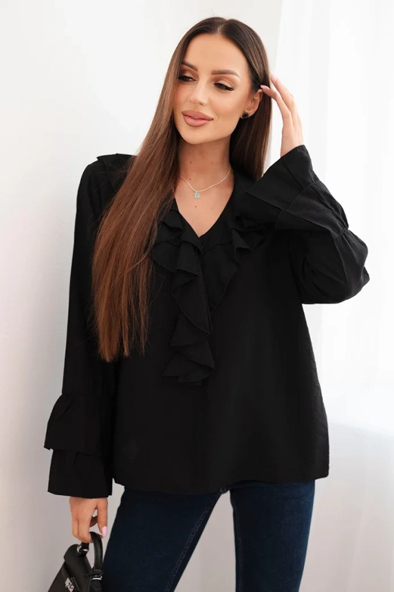 Women's viscose blouse with frills and long sleeves black