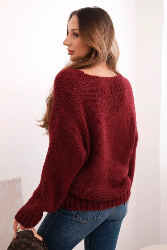 Women's sweater with a wool blend and a V-neck, burgundy
