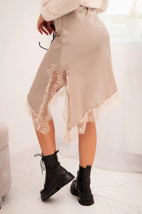 Damenrock aus Viskose mit Spitze und asymmetrischem Saum fango