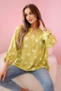Linen Women's Blouse with Floral Pattern, Long Sleeves, and Buttons kiwi