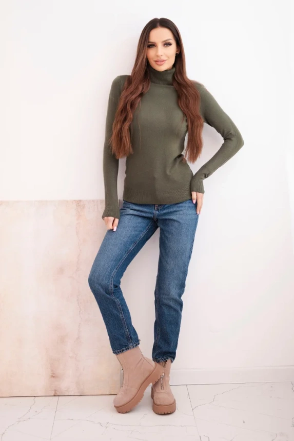 Women's viscose sweater with a turtleneck and long sleeves khaki