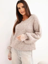 Damenpullover locker mit Wollanteil und Spitzenbluse dunkelbeige