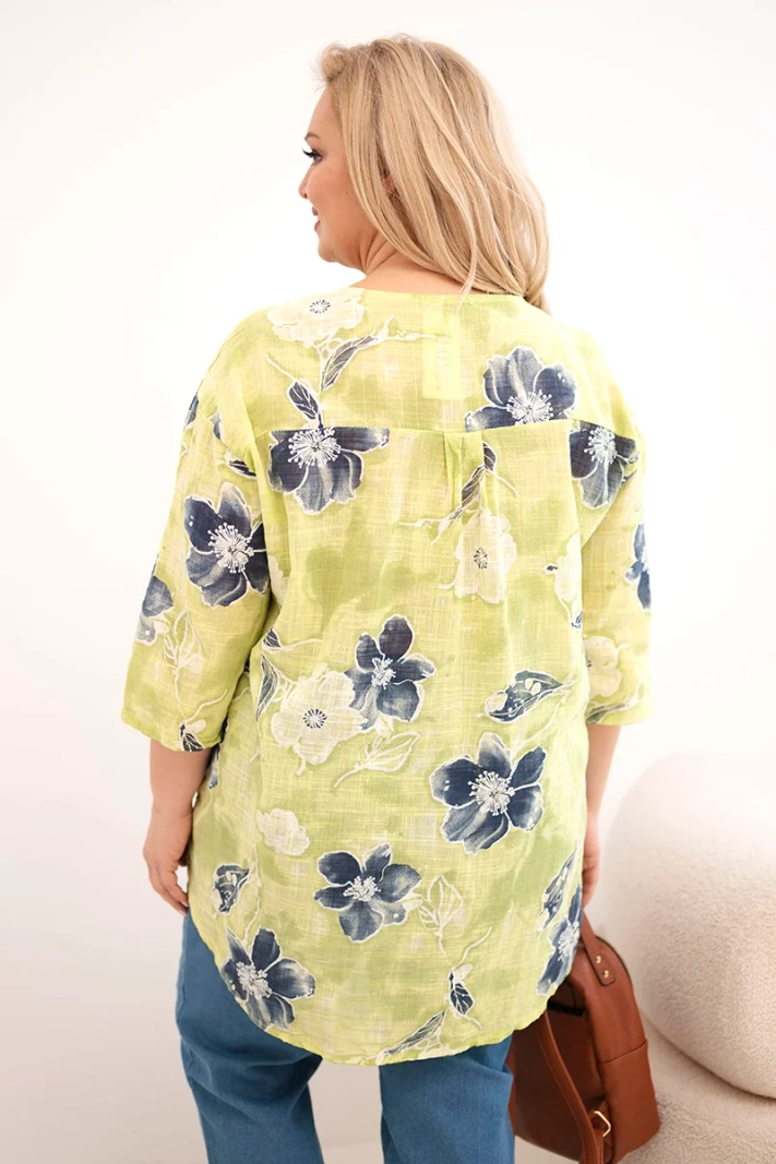 Bluzka damska bawełniana Plus Size w kwiatowy wzór jasno zielona