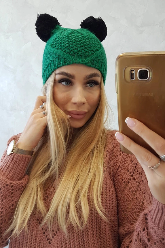 Cap with fleece 2 pompoms K291 green