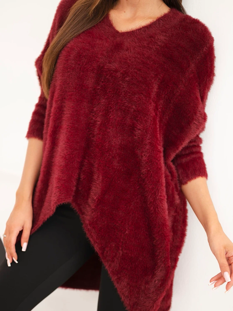 Sweter damski Plus Size z dekoltem V bordowy