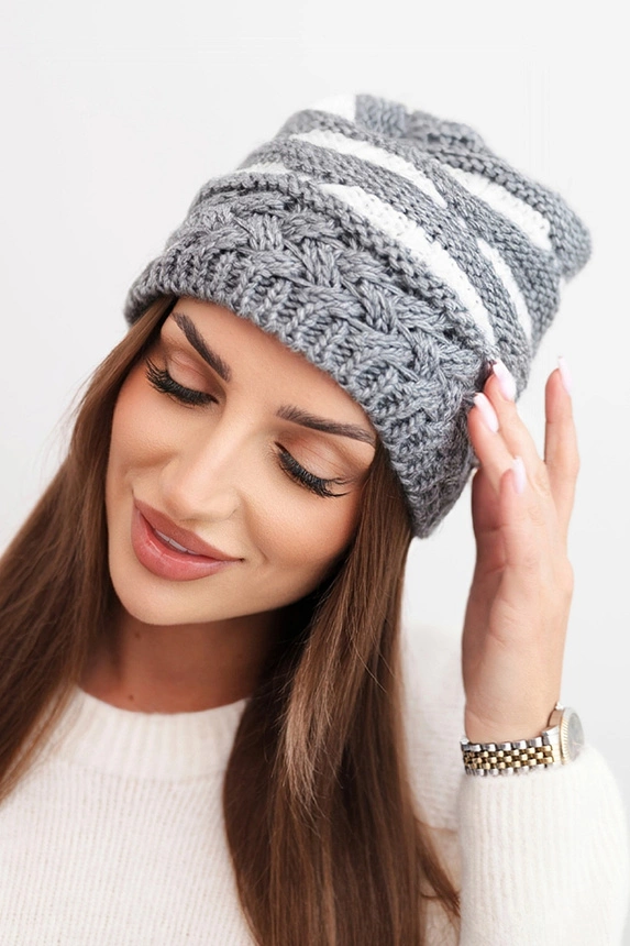 Women's winter hat with wool in a thick knit and stripes K465 gray + white