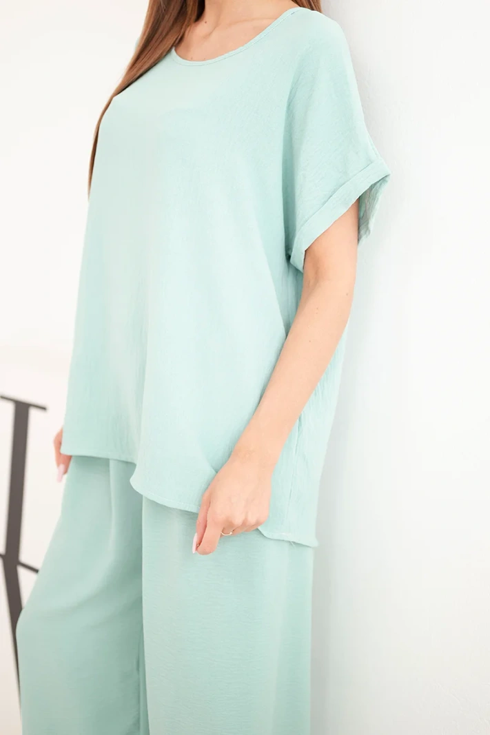 Damen-Set Plus-Size Bluse und Hose mit weitem Bein dunkles Mintgrün