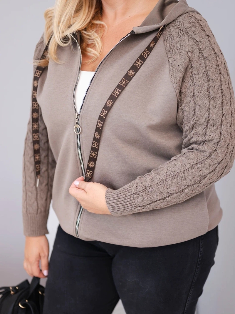 Moteriškas medvilninis džemperis Plus Size su megztiniais rankovėmis ir gobtuvu fango žalia