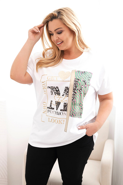 Women's cotton Plus Size blouse with print and sequinswhite + pink