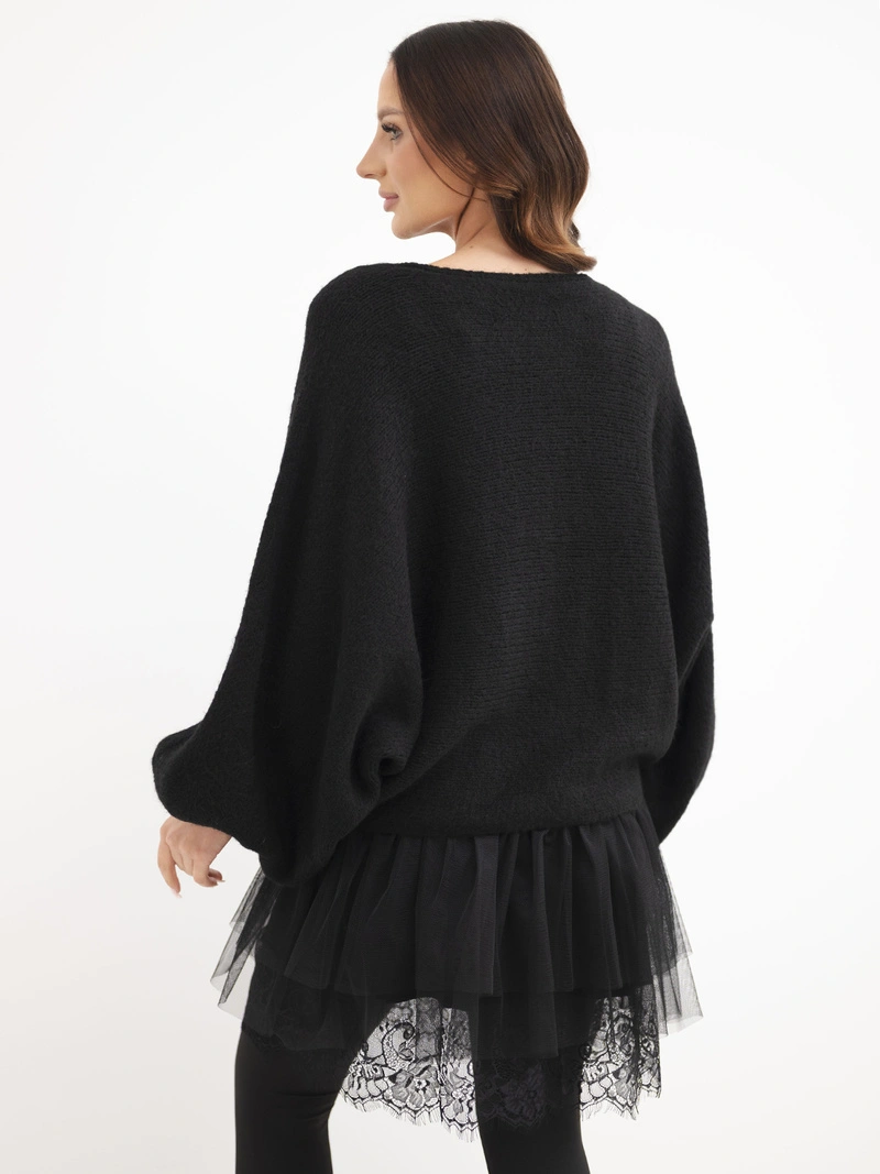 Damenpullover mit Kleid aus Viskose und Spitze schwarz