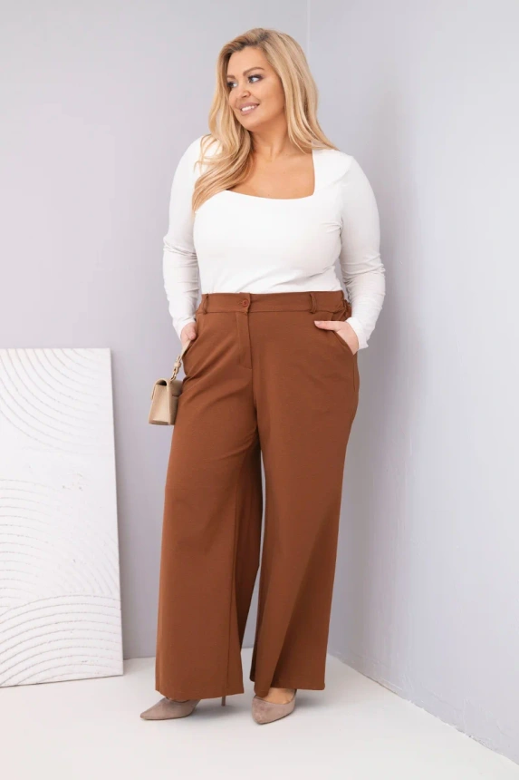 Plus Size women's pants with wide legs and high waist dark camel