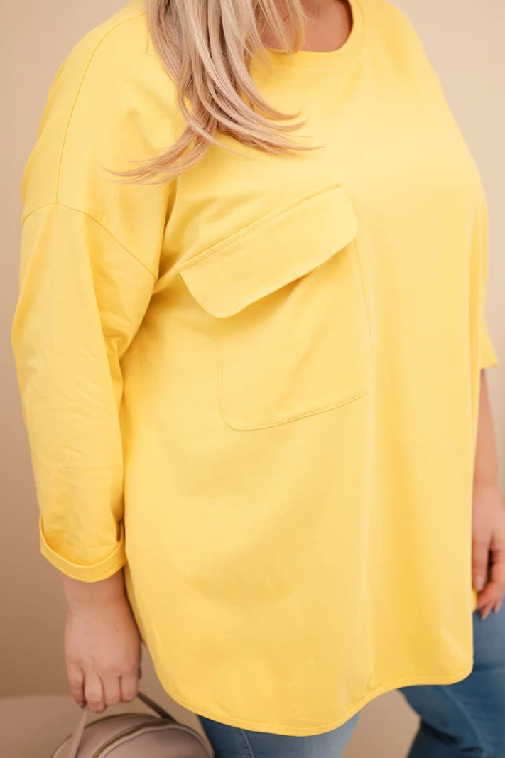 Bluzka damska Plus Size z bawełną z kieszenią i rękawem podwijanym żółta