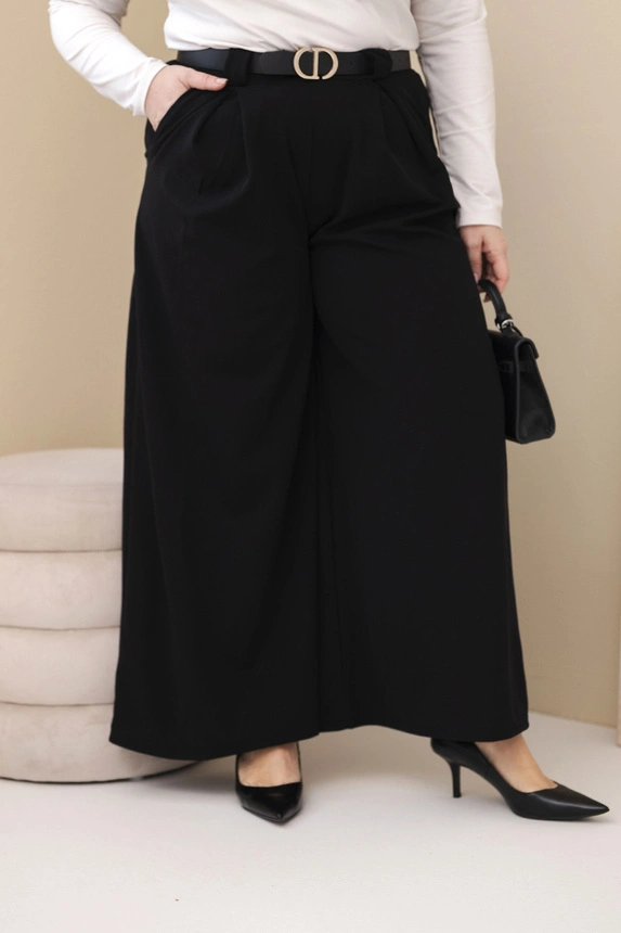 Dámské kalhoty Plus Size viskózové s širokou nohavicí a páskem černé