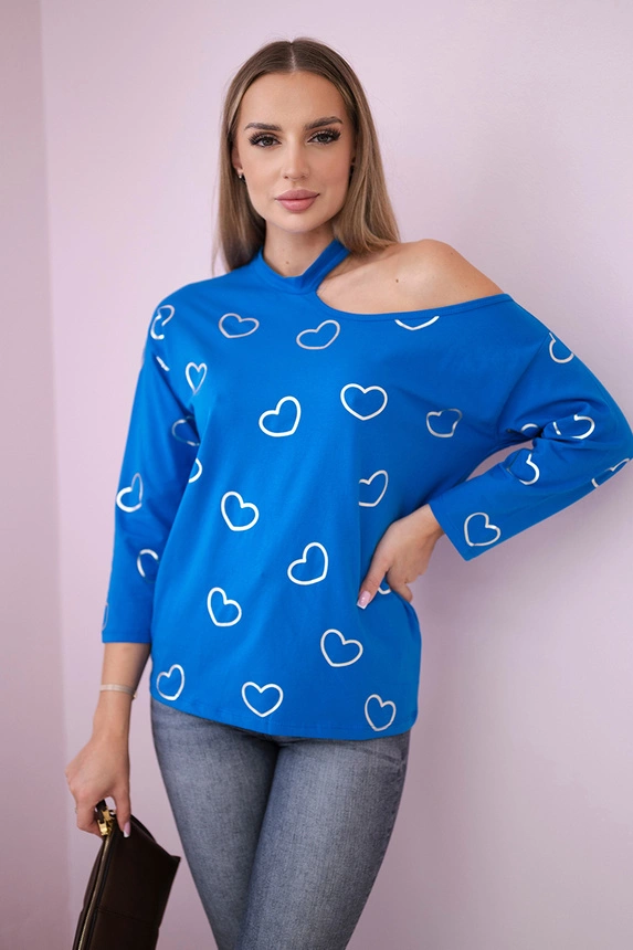 Kornblumenblaue Bluse mit Herzdruck