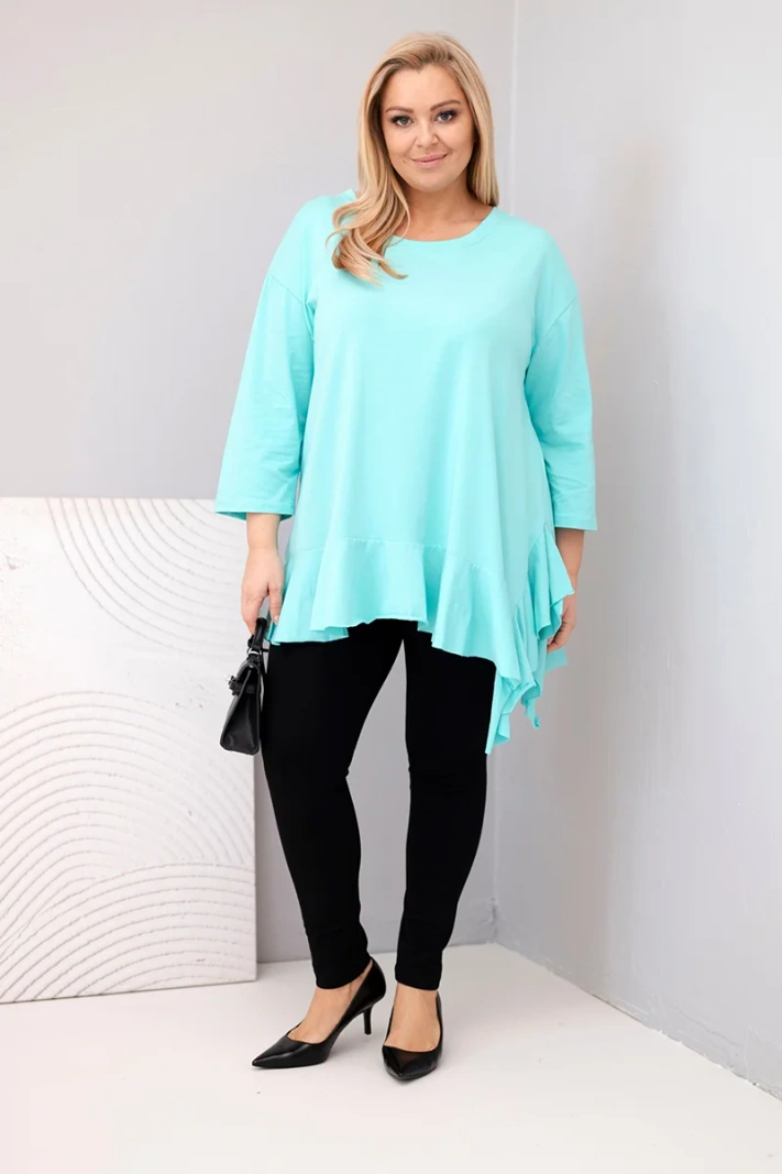 Women's Plus Size blouse with cotton, ruffle, and rolled-up sleeve mint green